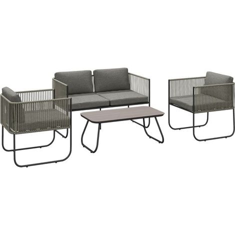Ensemble extérieur rotin synthétique résistant aux intempéries : canapé, fauteuil, table, coussins, 116×60×69 cm, marron gris foncé (1/5)