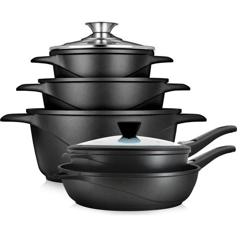 Briebe MGK1819 Batería de Cocina Inducción 10 Piezas Aluminio Fundido 3 Ollas 2 Sartenes Antiadherente Tapas Negro