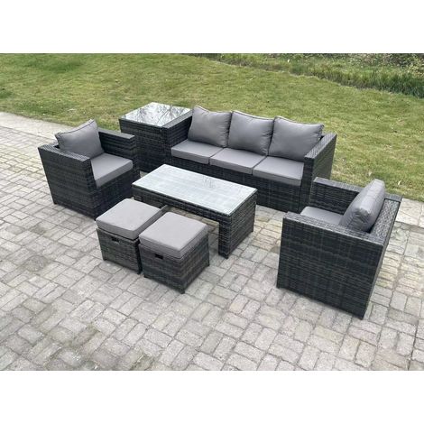 Fimous Lounge Rattan Sofa Set Outdoor Gartenmöbel Länger rechteckiger Couchtisch mit 2 Stühlen 2 Hocker Extra Beistelltisch