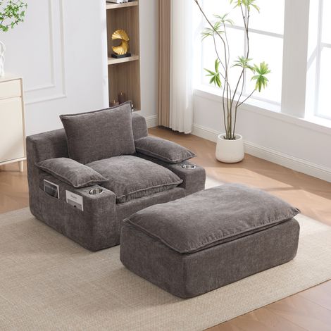 Chaise inclinable en chenille sous vide : 4 coussins idéale gris. portegobelet et sac de rangement. Sans assemblage (1/5)