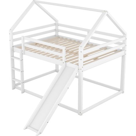 GagaLit mezzanine enfant maison avec toboggan et échelle 140x200 cm blanc (1/5)