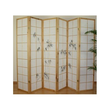 Décoshop26 – Paravent japonais en bois 6 panneaux 264x175 cm – Panneaux en papier de riz avec motif bambou – Charnières double-sens – PAR06056 (1/2)