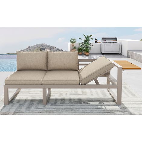 Conjoint de canapés extérieur modulaires, avec dossier réglable, accoudoirs dépliables et compartiments métalliques pour les glaçons. Les coussins ont une épaisseur de 10 cm. Couleur gris/beige. (1/5)