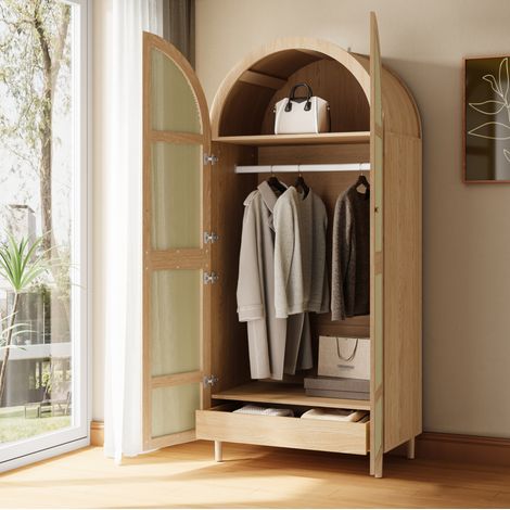 Armario ropero 80x50x179 cm, con barra para colgar y cajón inferior, puertas curvas, MDF y tablero de partículas, natural (1/5)