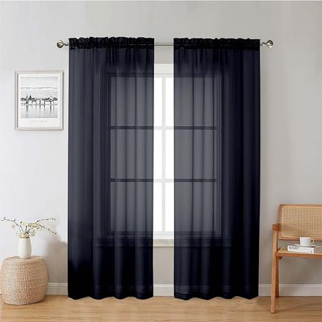 Voilage noir en dentelle – 106×213 cm – lot de 2 panneaux – léger et doux – bonne filtration de la lumière – pour salon, chambre et salle à manger