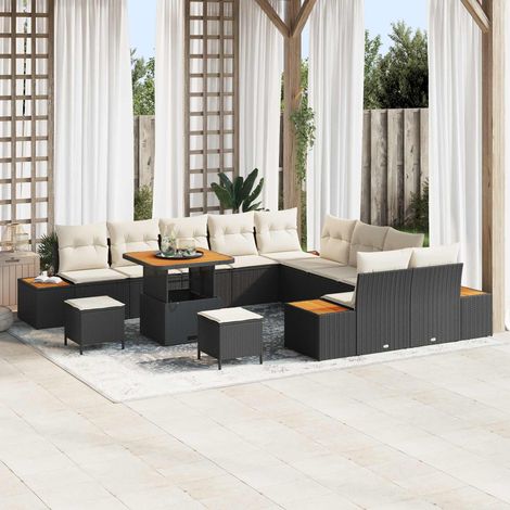 Salon de Jardin 13 Pièces Canapé en Résine Tressée et Acier avec Rangement Noir et Crème - PANGIVO (1/5)