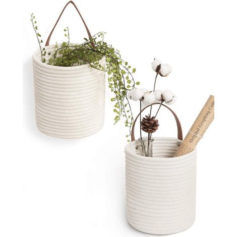 Hangmanden - 2 Stuks - Wandorganizer - Hangende Fruitmand - Hangmandjes - Hangende geweven wandmand - Hangende plantenmand - Geweven Katoenen Touw Plantenmanden - Opbergmand voor thuis - PU Handgrepen (1/5)