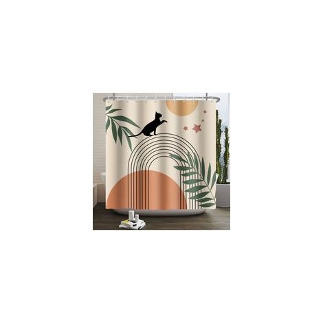 Rideau de Douche Boho 180 x 180 cm - Motif Abstrait Chat Vert Soleil Lune, Style Moderne et Esthétique
