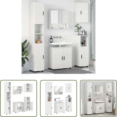 vidaXL Spiegelschrank - Badezimmermöbel-Set 5 pcs Hochglanz Weiß Holzwerkstoff & Metall (1/5)