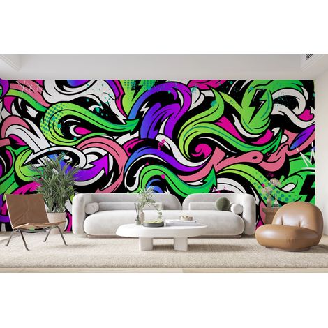 Papier peint graffiti - vagues psychédéliques multicolores - 150 x 250 cm (1/2)