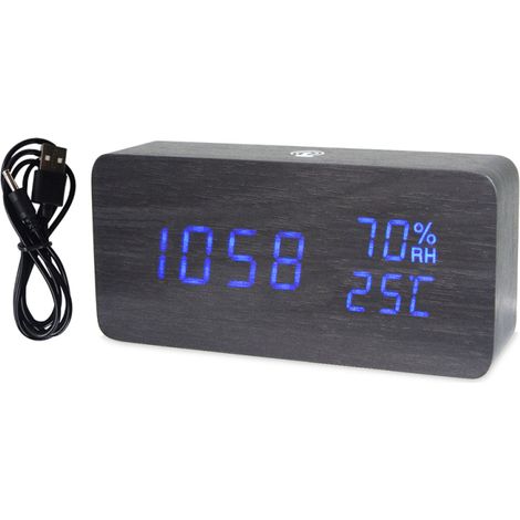 Reloj inteligente, indicador de temperatura y humedad, 4 niveles de brillo, control por voz, alimentación por USB/pilas, madera negra (luz azul).