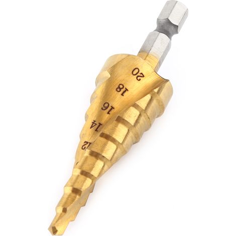 Stufenbohrer aus titanbeschichtetem HSS mit Spiralnut und Sechskantschaft, für Elektrowerkzeuge, 4–20 mm (1/5)