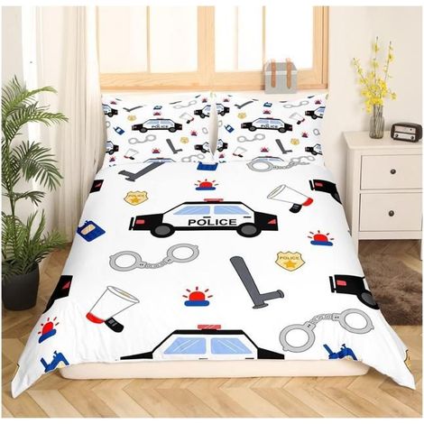 Voiture de Police Housse de Couette 140x200cm Police Vehicle Protector Voiture Blanche Parure de Lit Dessin animé Réversible - RO4 (1/4)