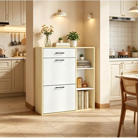 Mobile scarpiera 80x90x30 cm bianco, contenitore 3 in 1, MDF, metallo, plastica MEUBLIV (1/4)