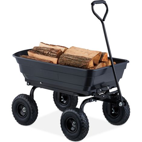 Relaxdays Carro de Jardín con Cubeta Basculante, Carrito de Mano 4 Ruedas Neumáticas 3,50-4, hasta 250 kg, Negro