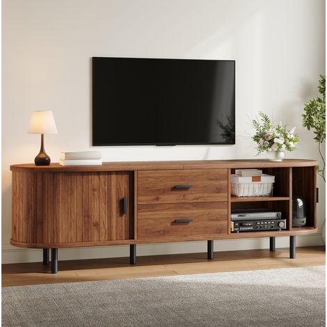 Mueble TV 150 x 40 x 55 cm con puertas correderas, 2 cajones, MDF y PB, nogal (1/5)