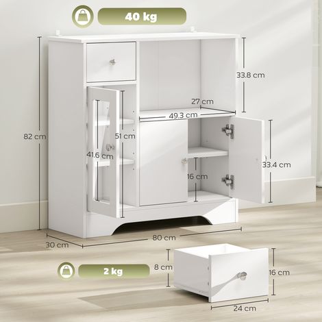 Buffet avec compartiments ouverts, tiroirs, 3 étagères et un placard à 2 portes, en bois, 80x30x82cm, blanc. (1/5)