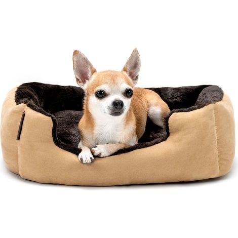 lionto Hundebett, weiches Kuschelbett mit herausnehmbarem Wendekissen & Anti-Rutsch-Boden, 50x37 cm, beige/braun