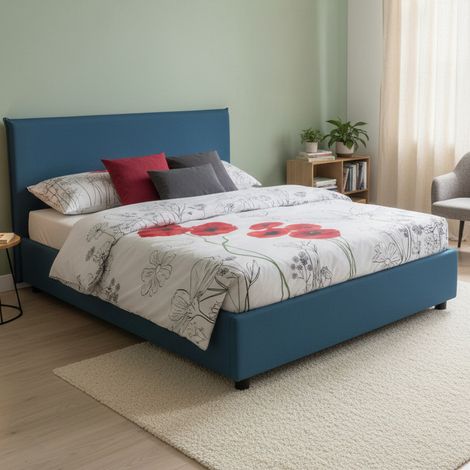 Talamo Italia Letto matrimoniale Bonella, Letto contenitore con rivestimento in tessuto, 100% Made in Italy, Apertura frontale, adatto per materasso Cm 160x200, Blu, con imballo rinforzato (1/5)