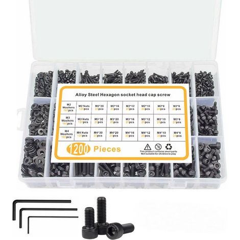 Caja surtida - Tornillos - Juego de 1200 piezas M2/M3/M4, tuercas de cabeza escalonada en negro mate, tornillos de cabeza cilíndrica hexagonal interna