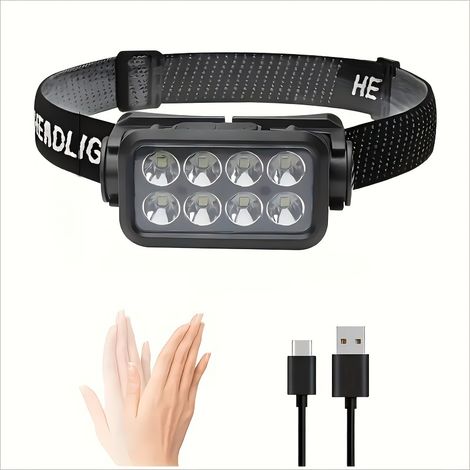 Set aus 2 wiederaufladbaren Stirnlampen mit 8 ultrahellen LEDs, Bewegungssensor, wasserdichtem Design und 10 Beleuchtungsmodi, ideal zum Campen und Laufen.