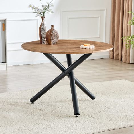 Table d'appoint moderne avec plateau en bois et trois pieds métalliques entrecroisés  cette table ronde au style industriel est parfaite pour les salons, les chambres ou les entrées. (1/5)