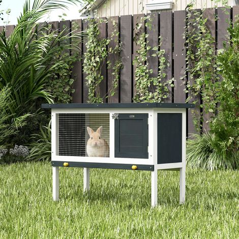 Clapier sur pied cage à lapin avec niche intérieur toit ouvrant porte verrouillable 90 x 45 x 65 cm foncé gris blanc