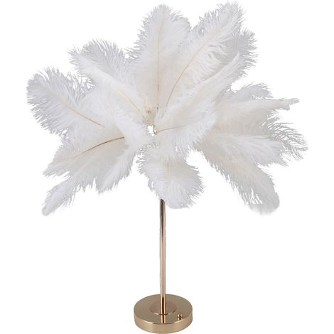 Lampe de Bureau à Plumes d'Autruche avec Base en Métal Doré, Commande Tactile, 3 Niveaux de Luminosité et USB, 30 Plumes Incluses