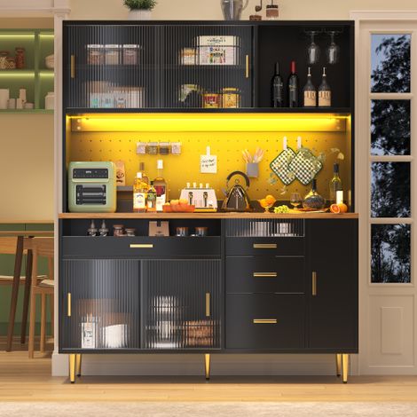 Credenza da cucina 145x39x171 cm - 4 ante in vetro - 4 cassetti - portabottiglie - con illuminazione a LED - nera