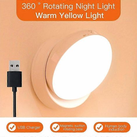 Luz nocturna LED con sensor de movimiento (1 unidad), giratoria 360°, recargable, luz amarilla cálida con base magnética, carga USB para armario, escaleras y dormitorio. (1/5)