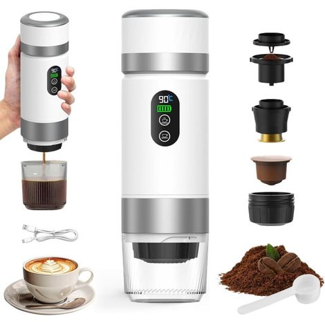Tragbare Kaffeemaschine,3in1elektrische Espressomaschine mit Heizfunktion,12V wiederaufladbare Espressomaschine,Reisen und Zuhause,kompatibel mit Espressokapseln und gemahlenem Kaffee, Weiß