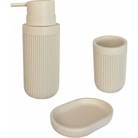 Relaxdays Bad Accessoires, 3-teilig, Seifenschale, Seifenspender, Zahnputzbecher, Polyresin, Bad Zubehör Set, beige