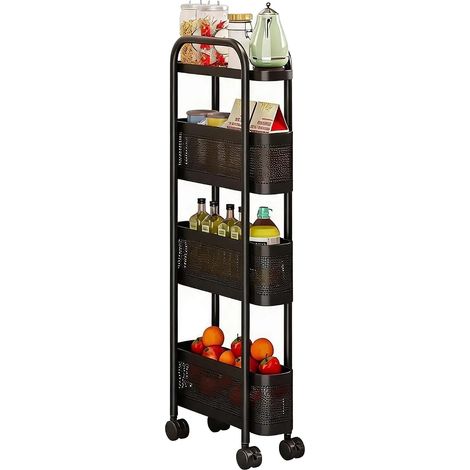 Lagerwagen, schmales Spalt-Design, mehrere Körbe mit Rädern, schwarz, 15CM, 4-stufig (1/2)