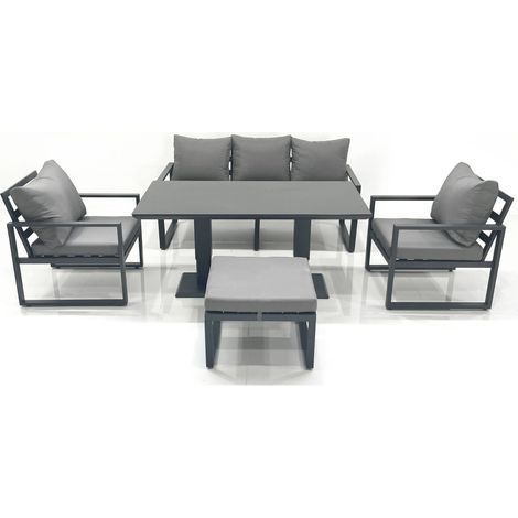 Fimous Outdoor Aluminium Garden Furniture Set with Adjustable Rising Lifting Dining Table 3 Seater Sofa 2 Chair Big Footstool Dark Grey (1/5)