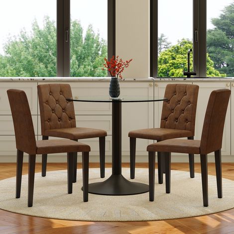 Conjunto de mesa y 4 sillas de comedor 85x85x76 cm, vidrio templado, base de metal, tela marrón retro y transparente (1/5)