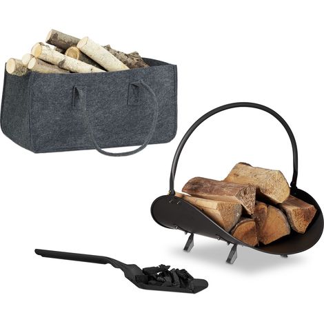 Set da 3 Accessori per Caminetto, Cesto Portalegnao Rivista, Sacco Portalegna in Feltro, Paletta Nera Raccogli Cenere (1/5)