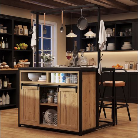 Îlot de cuisine 107x62x183 cm en MDF et métal, aspect bois, avec rangement gain de place FloraGrace (1/5)