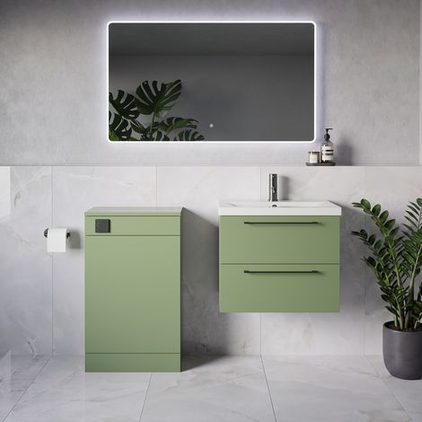 Napoli 390 Olive Green 1100mm Wall Mounted 2 Drawer Vanity Unit and Toilet Suite with Glide Basin - 1100mm - Gunmetal Grey 320mm HandleWithout Kingston Toilet Pan