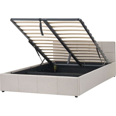 Slatted Bed Frame Light Beige Fabric Upholstered Ottoman Storage 4ft EU Small Double Size Modern Design LAURESSES (1/5)