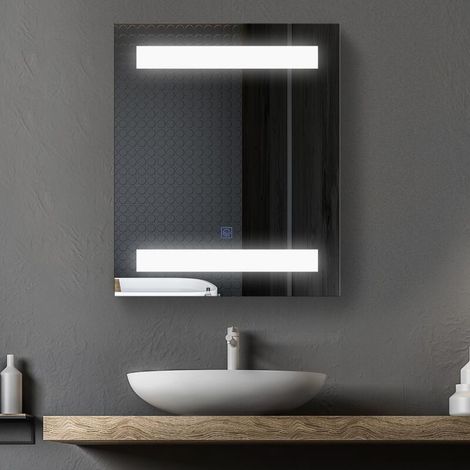 Armoire murale de salle de bain avec 1 porte, miroir et éclairage LED  2 étagères intérieures  MDF blanc (60 x 50 x 15 cm)