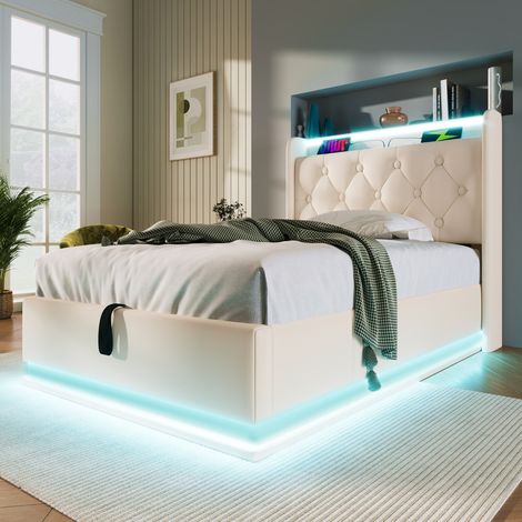 Lit Coffre 90x200 avec Matelas, Lit Simple LED Blanc en Simili Cuir avec Rangement Hydraulique et Port USB Type-C, Sommier Inclus (1/5)