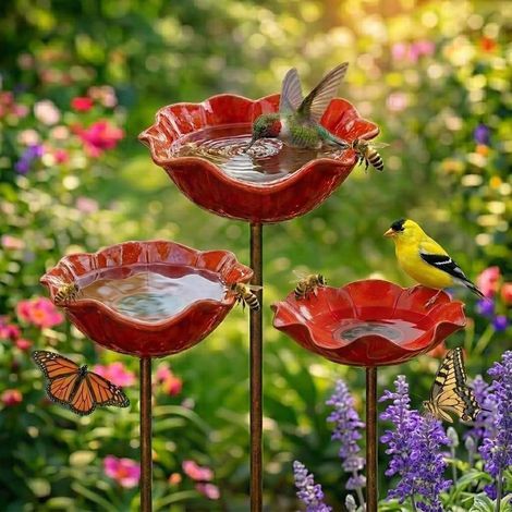 Lot de 3 Bains à Oiseaux en Métal Antirouille, Vasque Fleur avec Piquet pour Jardin, Décoration Extérieure pour Oiseaux et Abeilles