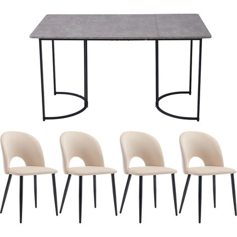 5-teiliges Esszimmer-Set mit 140 x 80 cm Tisch und 4 beigen Samtstühlen (1/5)