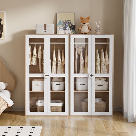 Armadio per bambini - H150xL160xP50 cm - Guardaroba modulare a 2 elementi con ante in acrilico trasparente e asta appendiabiti moderna - Bianco e legno