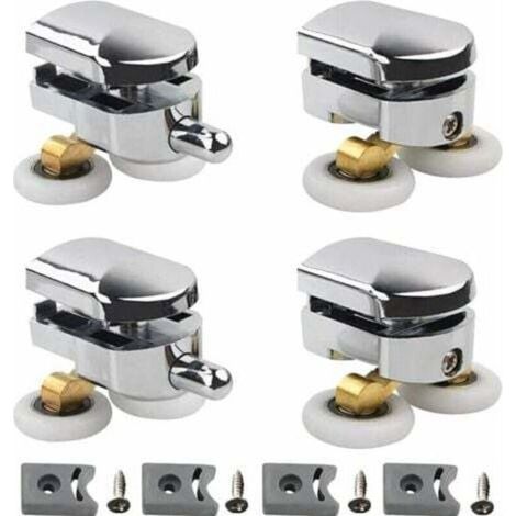Ensemble de 4 roulettes doubles pour paroi de douche coulissante, 2 roues de 23 mm de diamètre, en alliage de zinc, pour salle de bain, avec bloc anti-collision et fixations. (1/4)