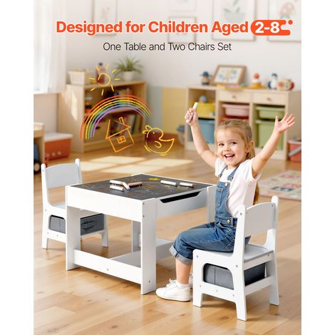 Ensemble table enfant et 2 chaises, bureau bois blanc avec rangement sous table et bacs tissu sous chaises pour dessin, loisirs, lecture, école, création (1/5)