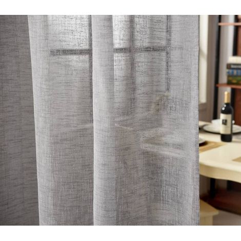 WOLTU 2er-Set Gardine Schlaufenschal transparent Leinenoptik dunkelgrau 140x245 cm