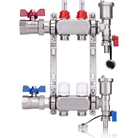 Kit Collecteur Radiateur, 2 Circuits Distributeur Chauffage, avec Vannes à Boisseau Sphérique 1", avec Purgeur Manuel et Débitmètre, Raccords pour Eurocône 3/4, Distributeur HKV