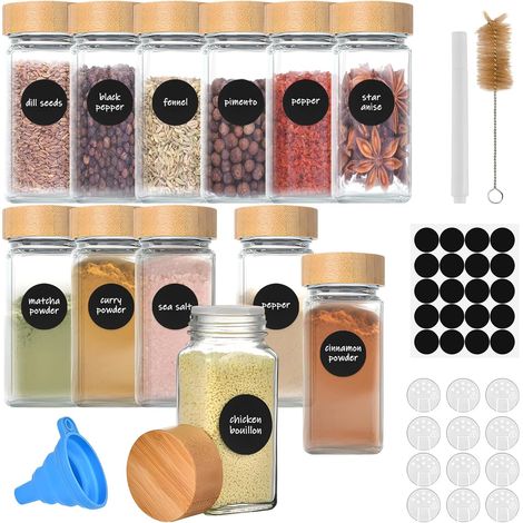 12Pcs Pots à Épices Verre avec Couvercles Bambou, 120ml Boite à Épice Cuisine avec Tamis, Étiquettes, Brosser, Entonnoir, Stylo, Bocal Epices Bocaux Hermetiques Carré pour Rangement Organisation (1/5)