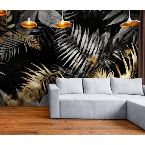 Papier Peint Tropical - Feuillage Doré et Noir Élégant - 150 x 250 cm (1/2)